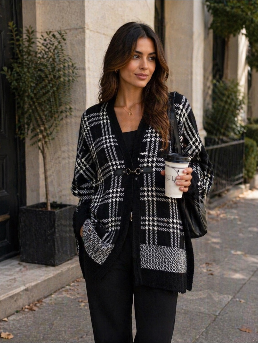 Kenar Poncho Sweater Cardigan Black Plaid Buckle Merino Wool Cape